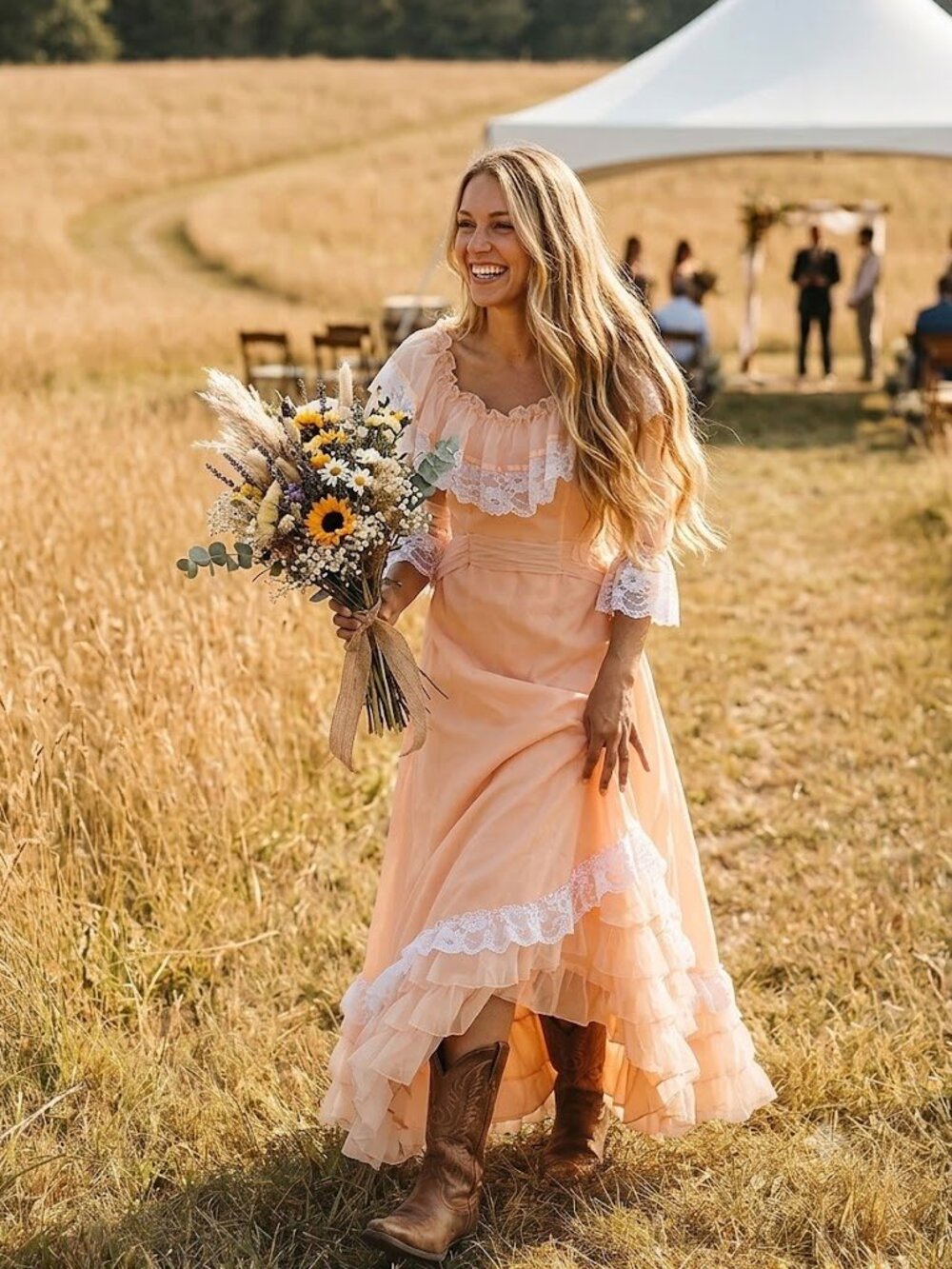 Vintage Peach Lace Ruffle Maxi Dress